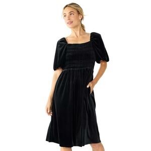 Draper James Dress Size L Black Velvet Smocked Bodice Puff Sleeves Babydoll